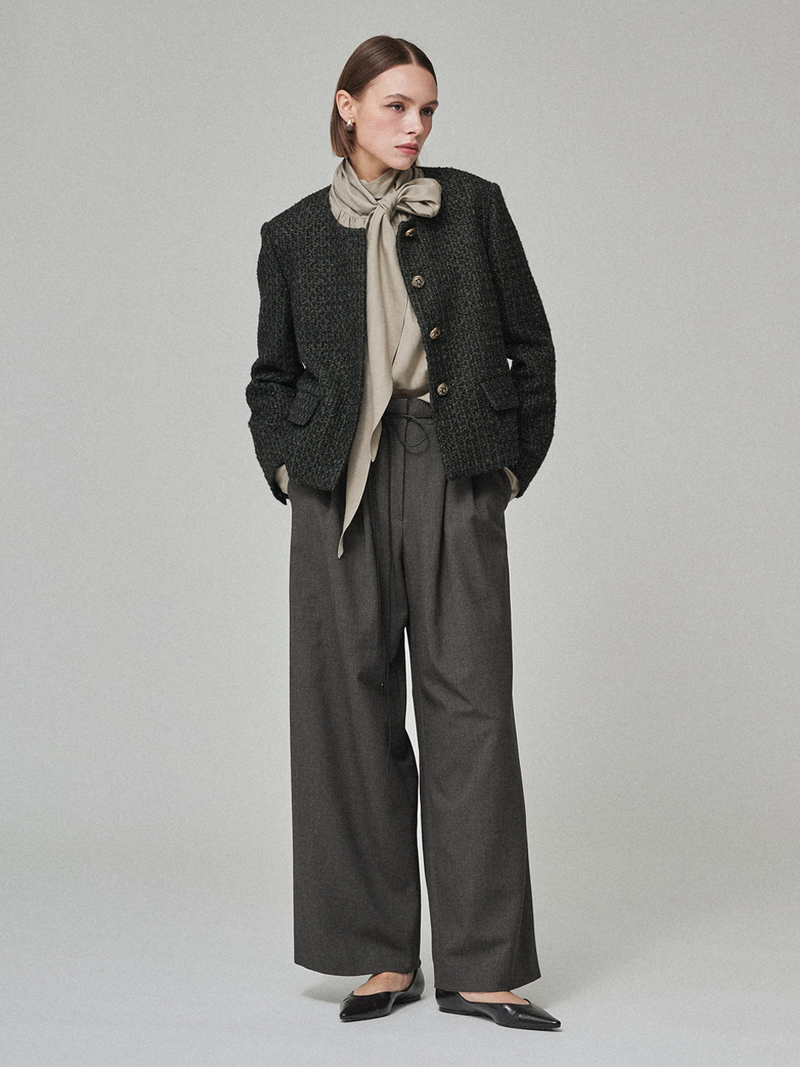 Maison De Ines Round-Neck No-Collar Tweed Jacket - Black Green Tweed