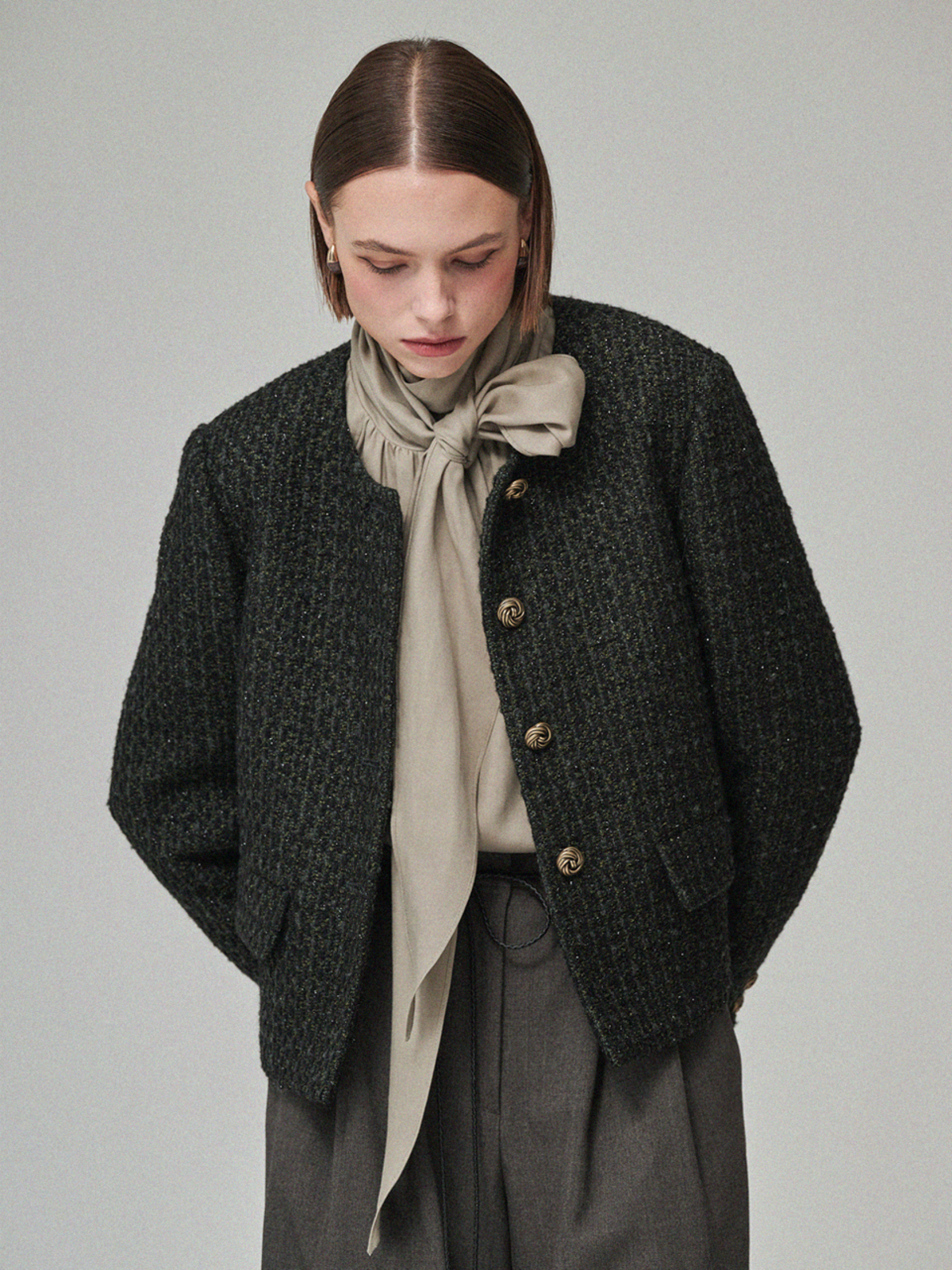 Maison De Ines Round-Neck No-Collar Tweed Jacket - Black Green Tweed - Image 4 of 6