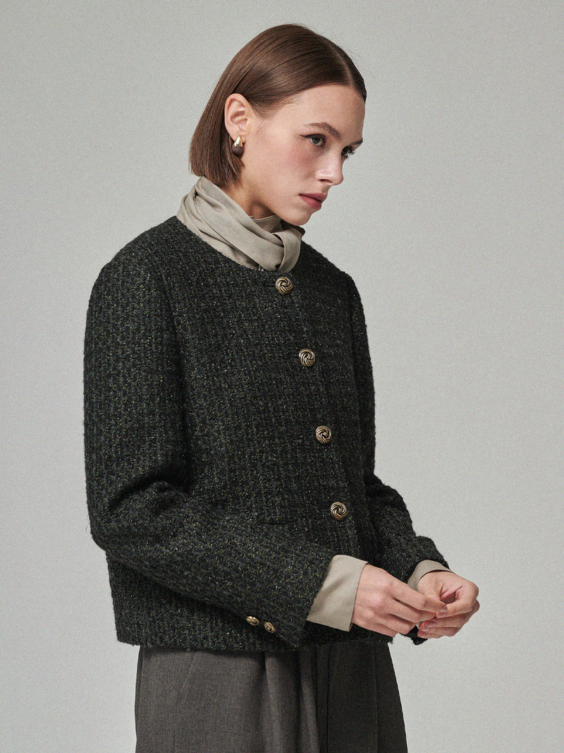 Maison De Ines Round-Neck No-Collar Tweed Jacket - Black Green Tweed