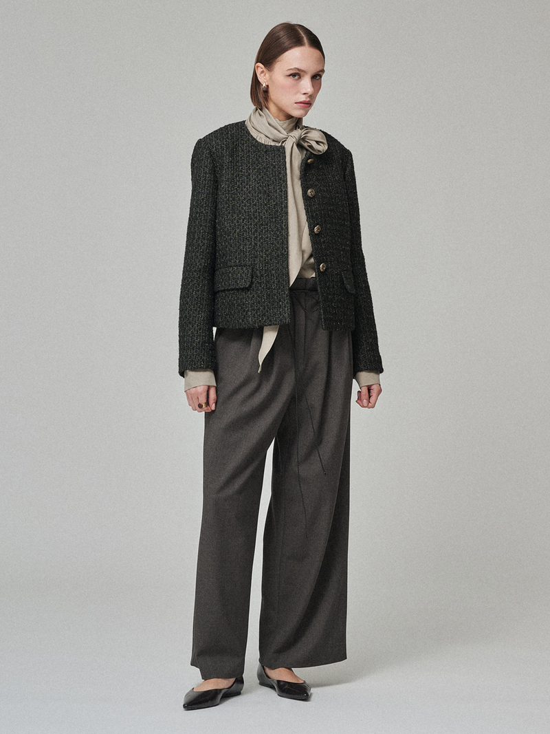 Maison De Ines Round-Neck No-Collar Tweed Jacket - Black Green Tweed