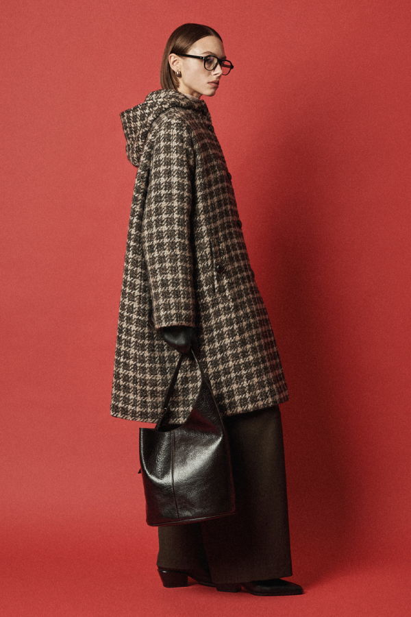 Maison De Ines Classic Houndstooth Hood Coat - Mocha Houndstooth Mix