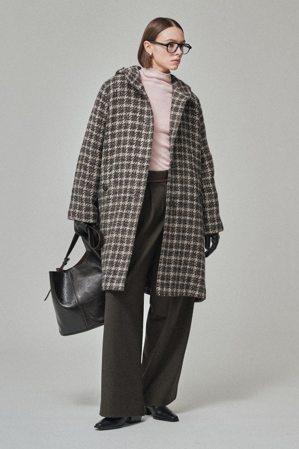 Maison De Ines Classic Houndstooth Hood Coat - Mocha Houndstooth Mix