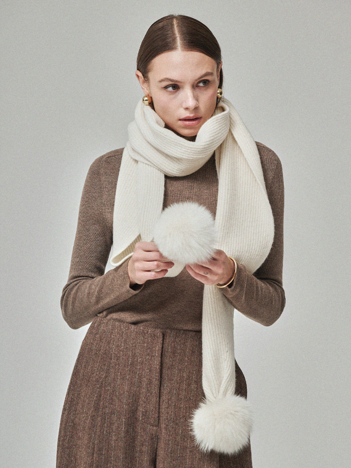 Maison De Ines Mink Pom Wool Muffler - Milk Ivory - Image 2 of 4