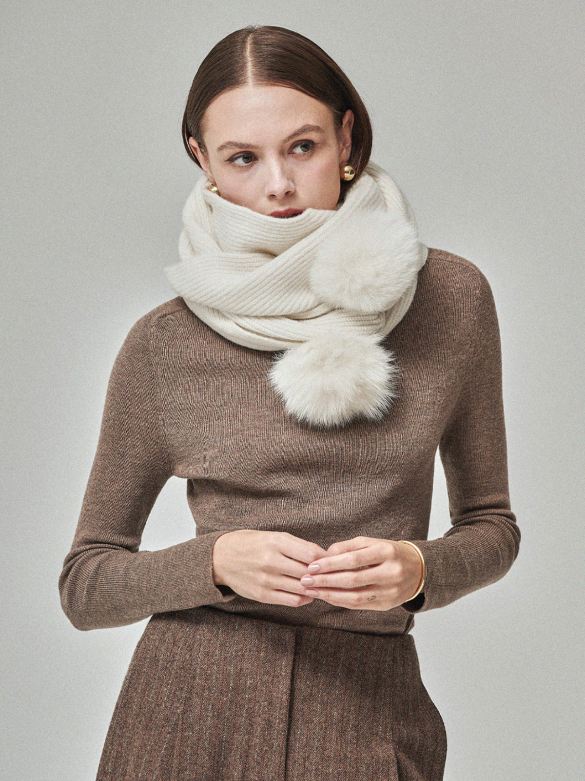 Maison De Ines Mink Pom Wool Muffler - Milk Ivory - Image 4 of 4