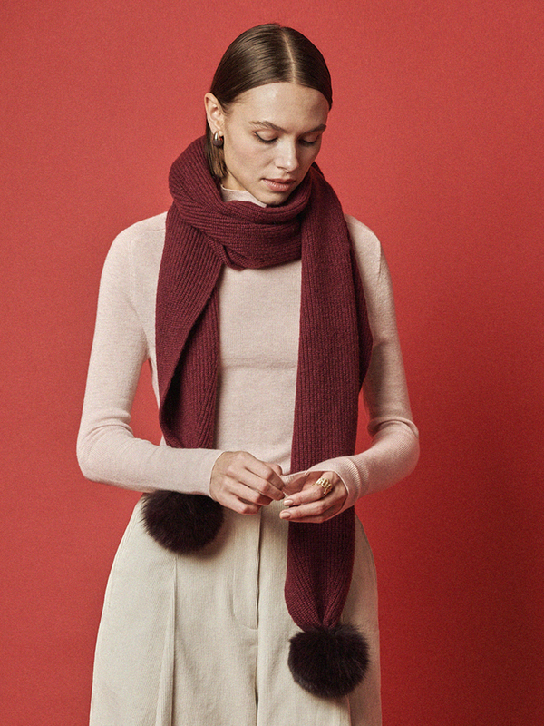 Maison De Ines Mink Pom Wool Muffler - Classic Burgundy