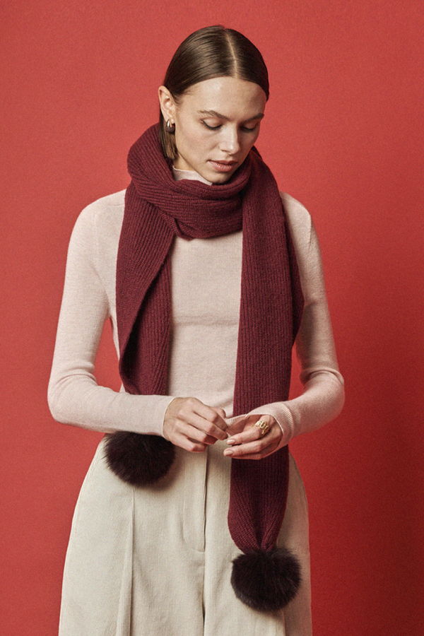 Maison De Ines Mink Pom Wool Muffler - Classic Burgundy