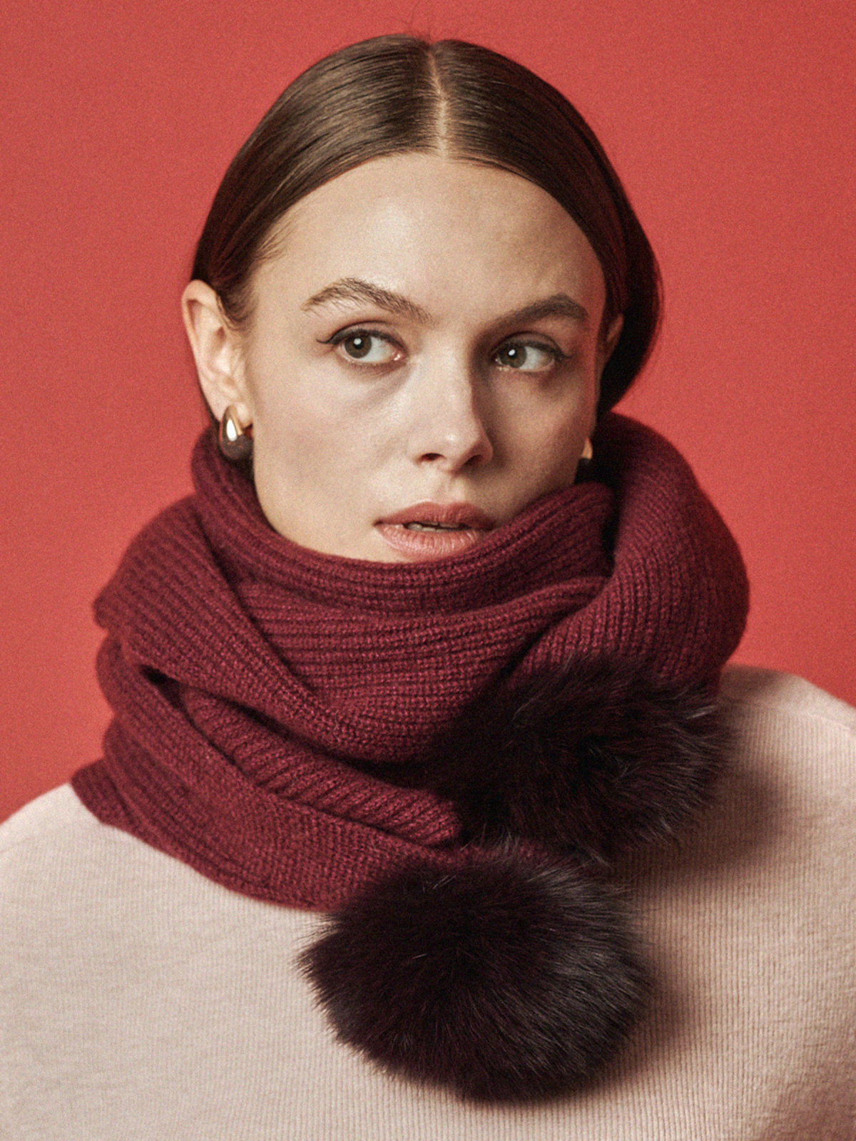 Maison De Ines Mink Pom Wool Muffler - Classic Burgundy - Image 2 of 4