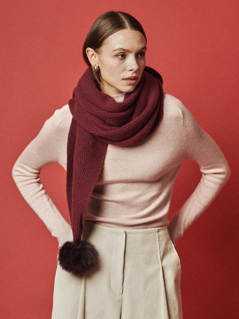 Maison De Ines Mink Pom Wool Muffler - Classic Burgundy
