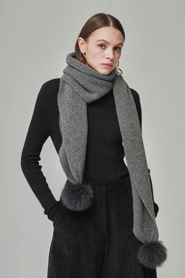 Maison De Ines Mink Pom Wool Muffler - Light Melange Gray