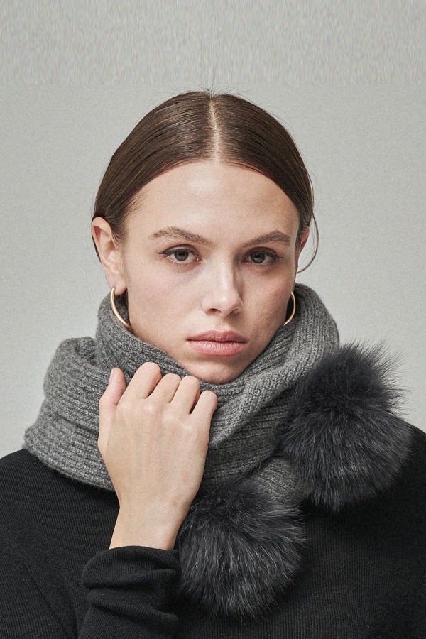 Maison De Ines Mink Pom Wool Muffler - Light Melange Gray