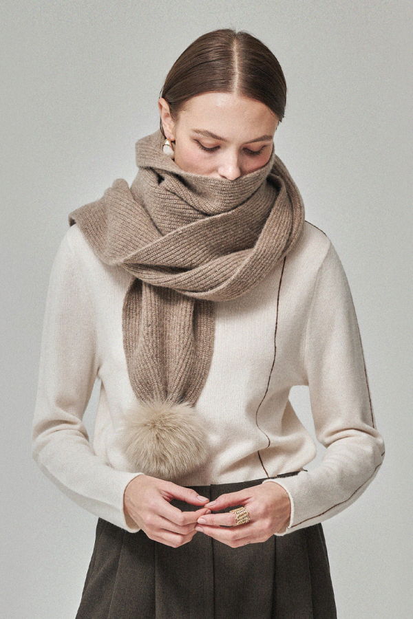 Maison De Ines Mink Pom Wool Muffler - Soft Mocha Brown