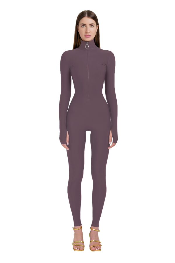 MONOSUIT Cocoa Long Sleeve Turtleneck Zip Up Full Bodysuit - Brown