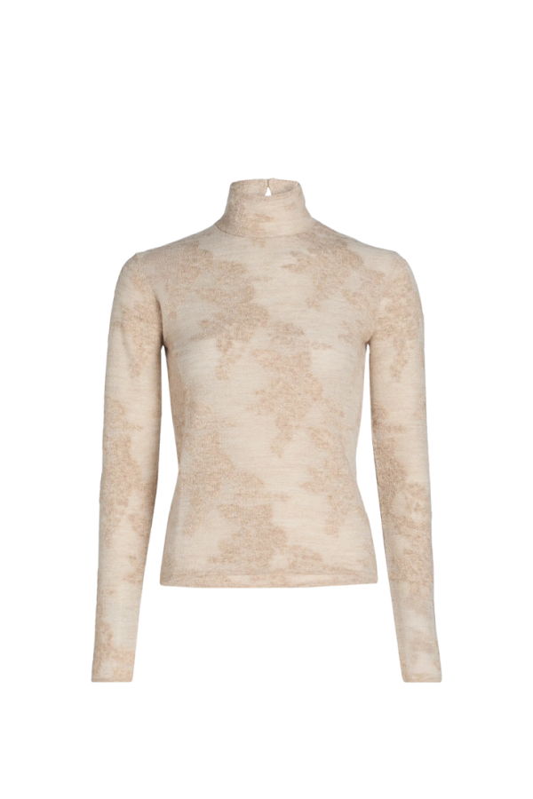 Ganni Sheer Flower Jacquard Turtleneck Top - Sand