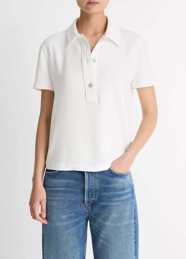 VINCE Crepe Short Sleeve Polo - Off White