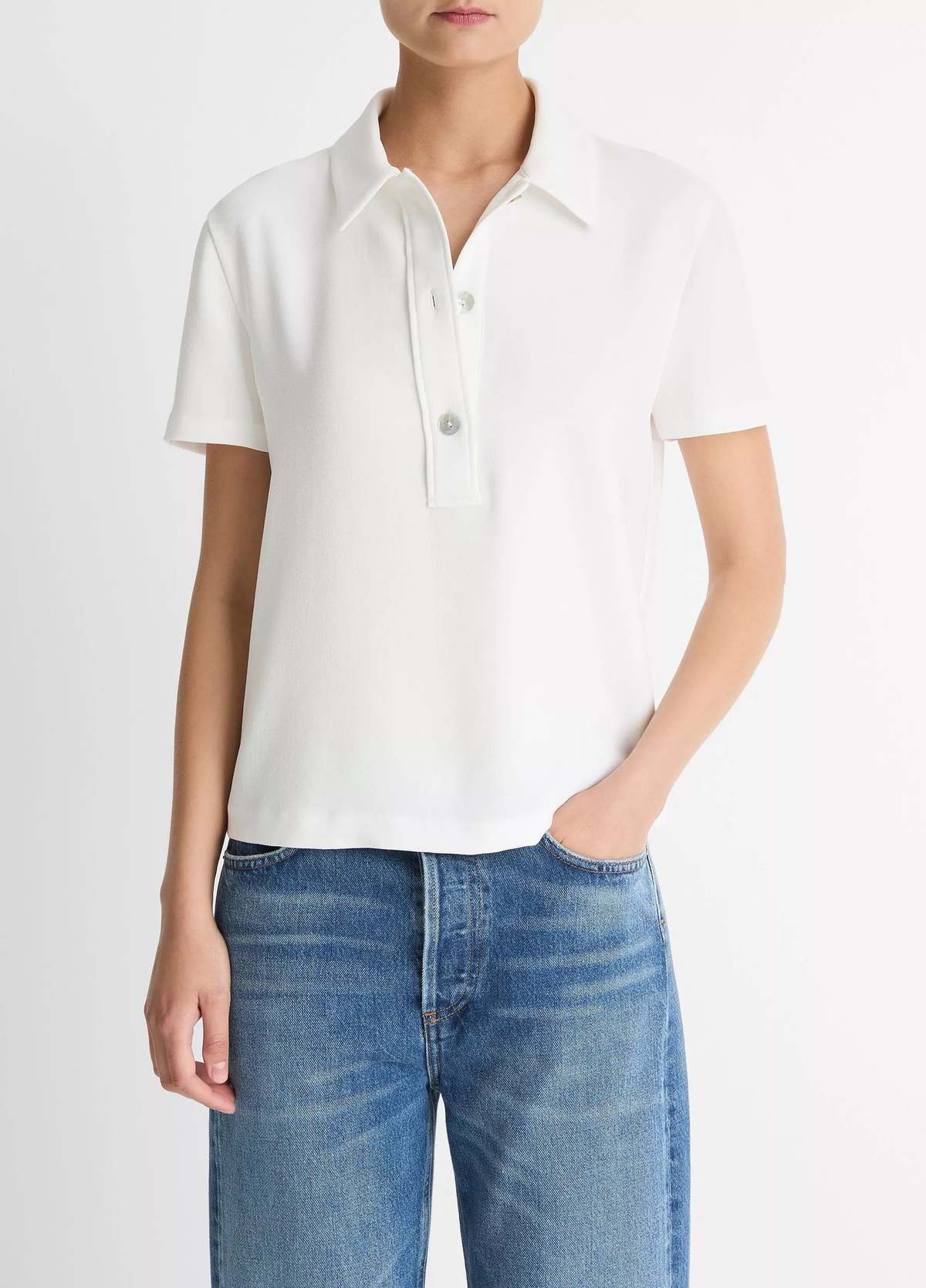 VINCE Crepe Short Sleeve Polo - Off White - Image 1 of 2