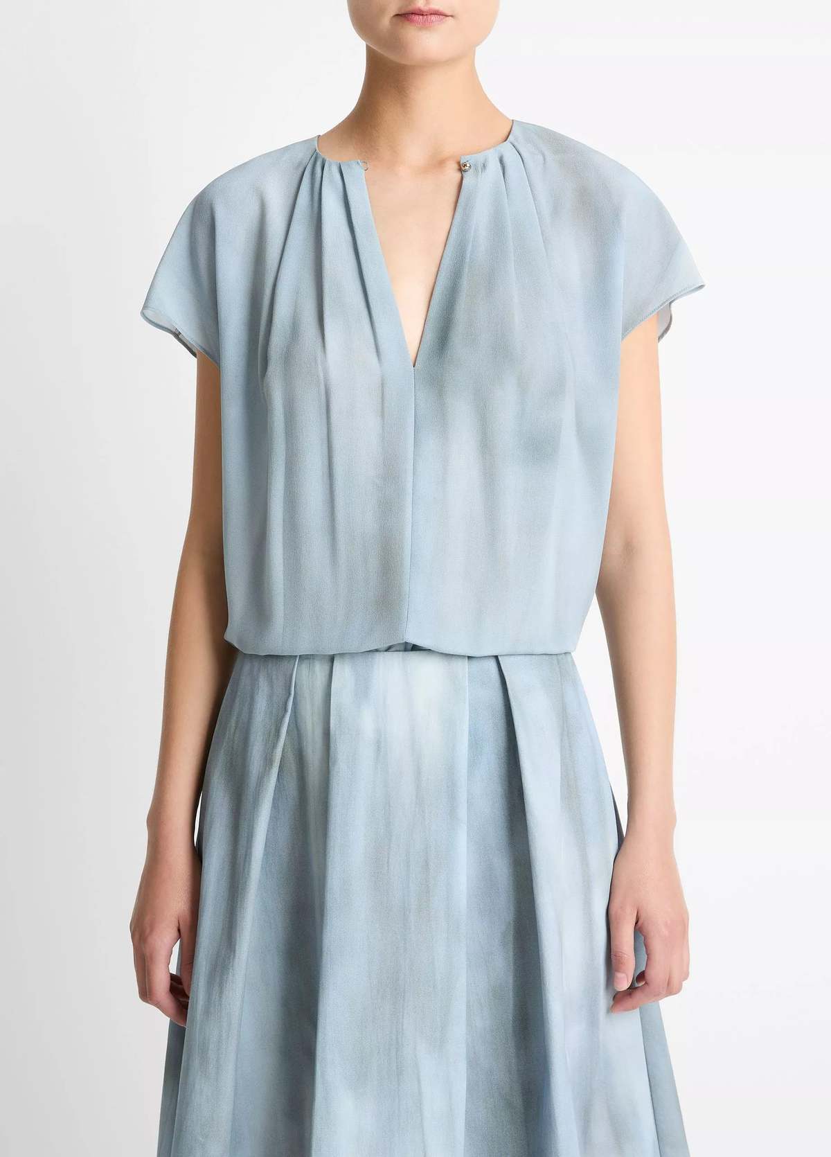 VINCE Washed Ombré Silk Gathered Cap-Sleeve Blouse - Azura Wash - Image 1 of 2