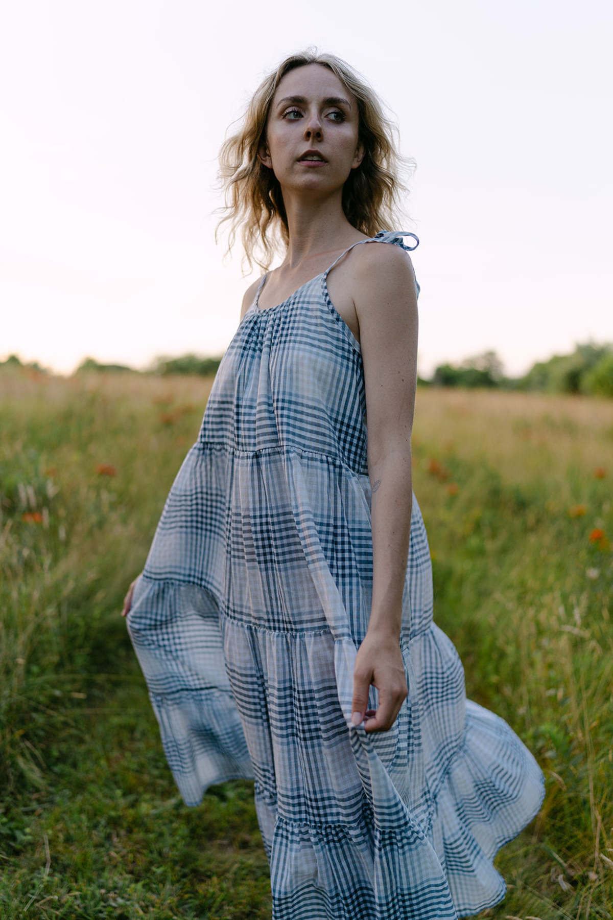 Conrado Clio Tie-Strap Tiered Checkered Maxi Dress - Blue - Image 1 of 5