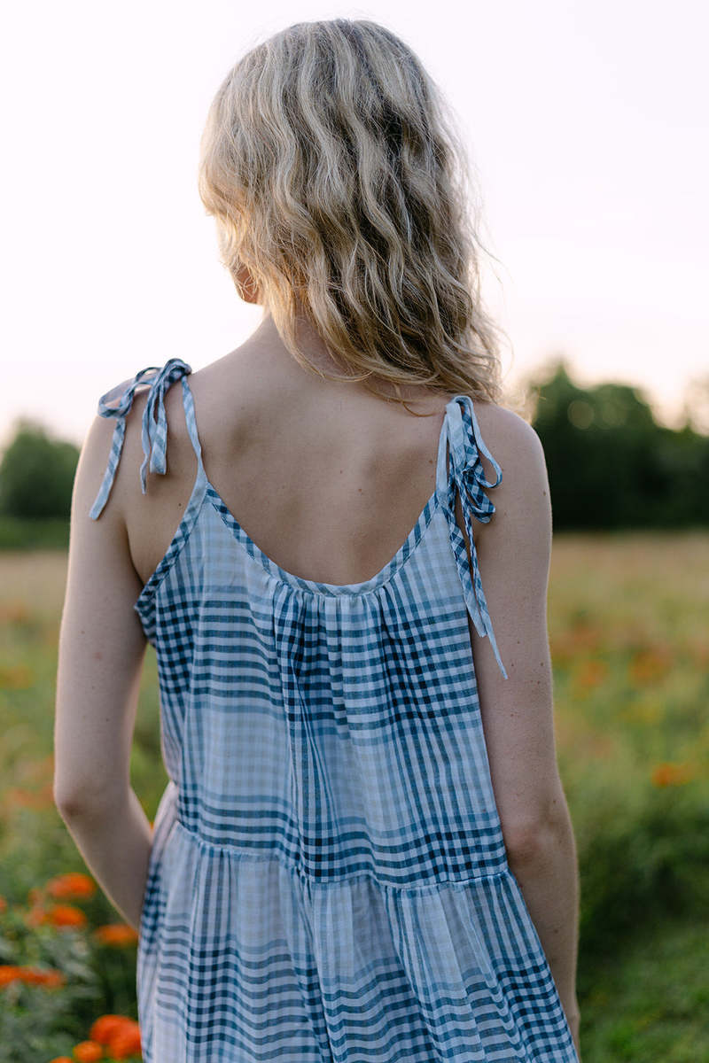 Conrado Clio Tie-Strap Tiered Checkered Maxi Dress - Blue