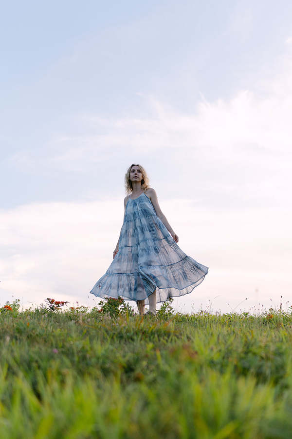 Conrado Clio Tie-Strap Tiered Checkered Maxi Dress - Blue