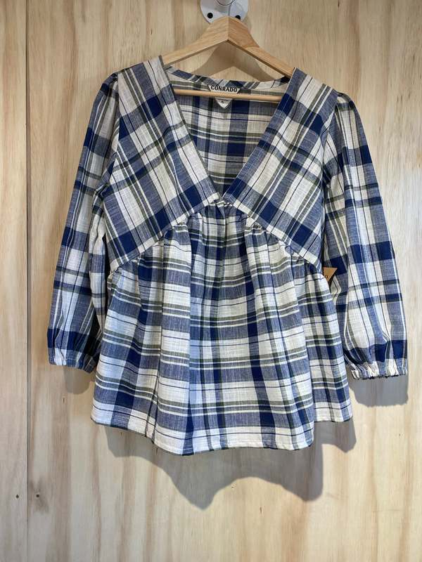 Conrado Dari Blue Plaid Puff Sleeve Top Conrado Dari Blue Plaid Puff Sleeve Top