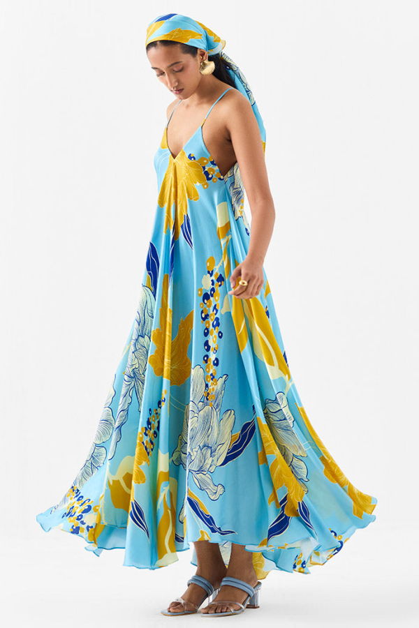 IKKIVI White Rose Strappy Dress - Blue