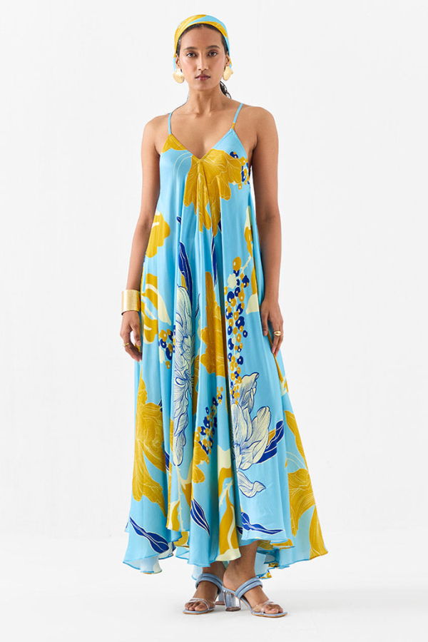 IKKIVI White Rose Strappy Dress - Blue