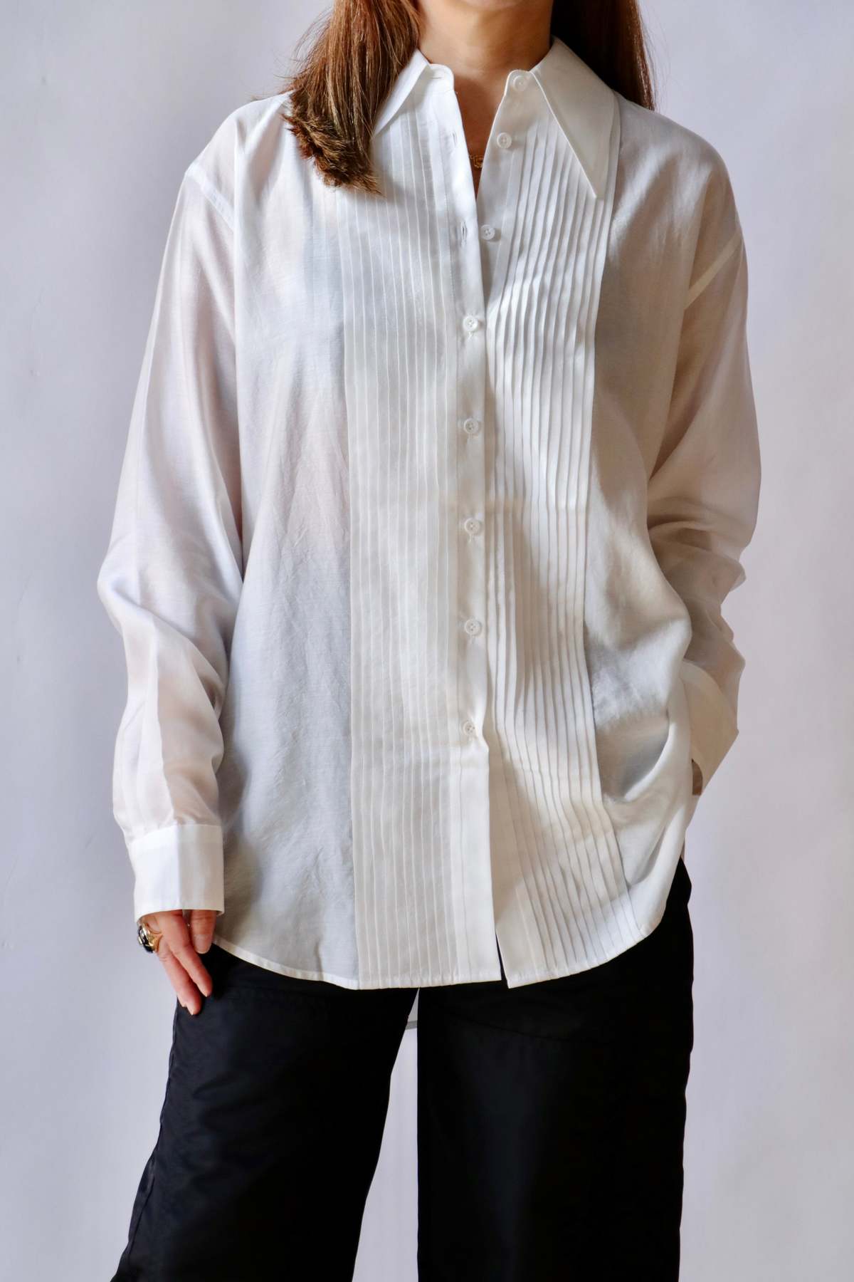 Tibi Silk Voile Easy Pintucked Shirt - Ivory - Image 1 of 4