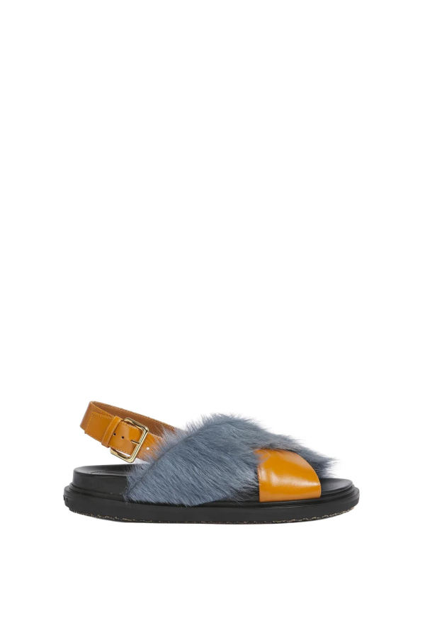 Marni Long-Hair and Leather Fussbett Sandal - Tan/Blue
