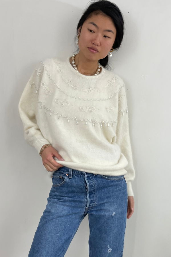 ReCAP Vintage Studio Vintage 90s Angora Beaded Batwing Sweater Tunic