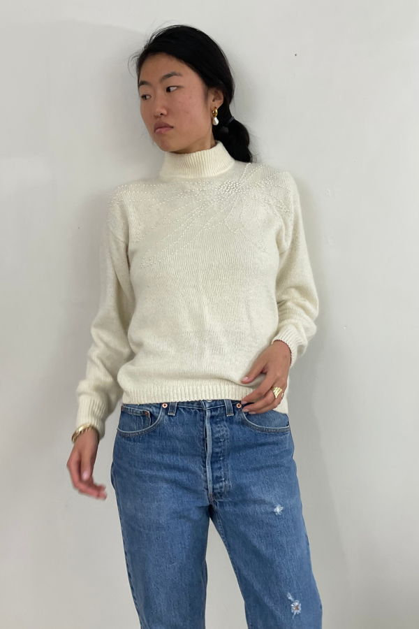 Cezanne Vintage 90s Beaded Silk Angora Mockneck Sweater - White