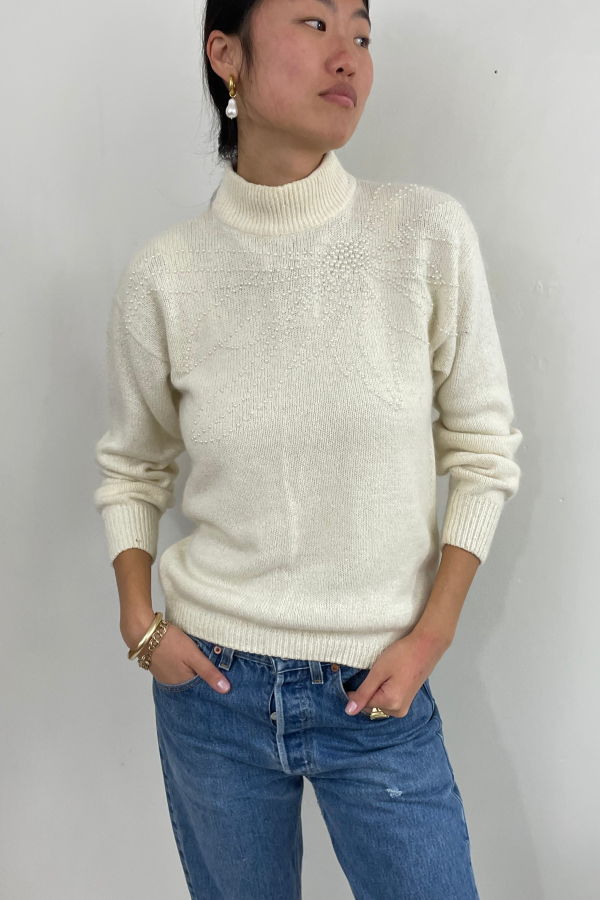 Cezanne Vintage 90s Beaded Silk Angora Mockneck Sweater - White
