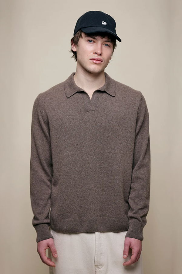 Merz b. Schwanen Merino Wool-Cashmere-Silk Long Sleeve Polo Shirt