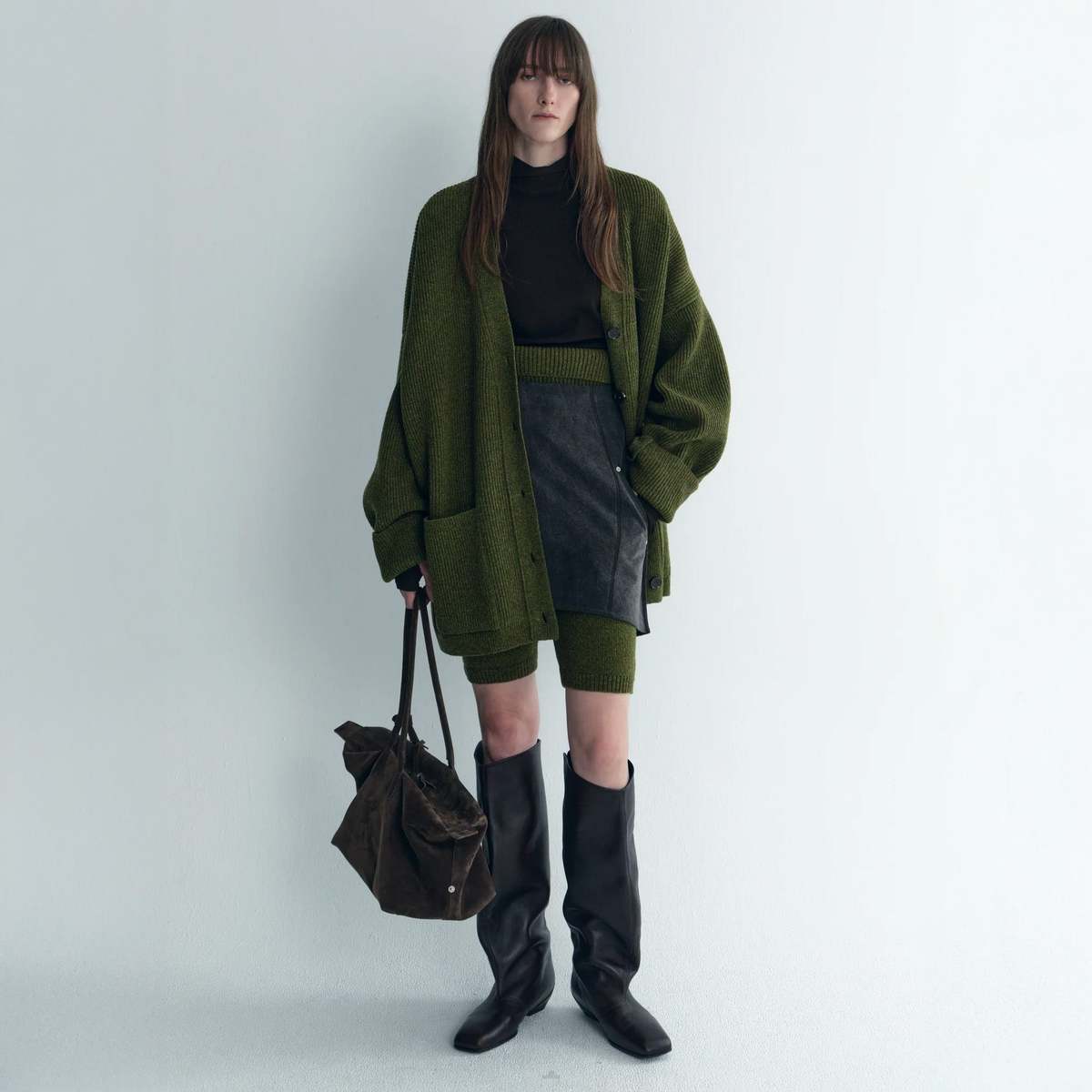 TIME Oversized Knit Cardigan - Moss - Image 1 of 5