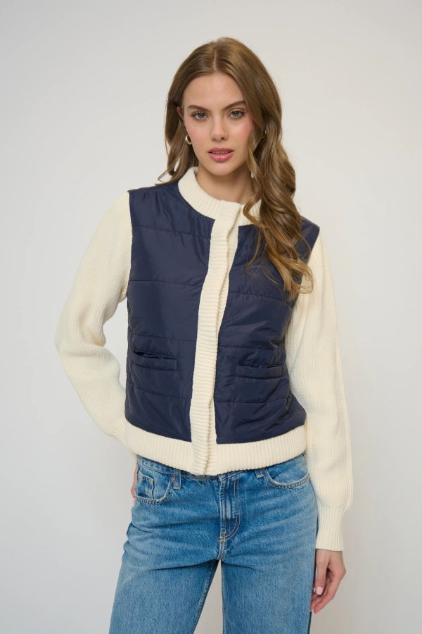 Central Park West Nylon Quilted Jacket With Sweater Sleeves