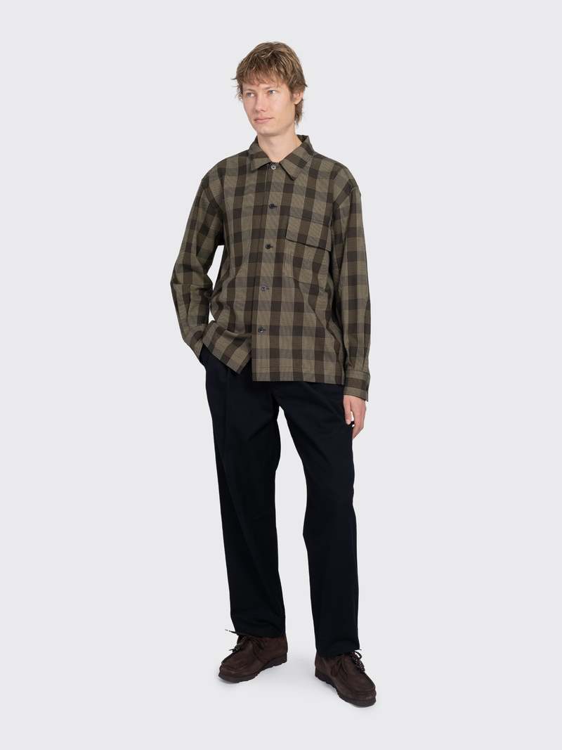 Margaret Howell Flap Pocket Overshirt Graphic Yarn Dyed Wool Shirt - Black/Brown