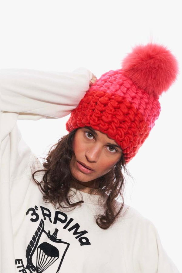 mischa lampert - candy | tomato color block beanie + tomato xl pom