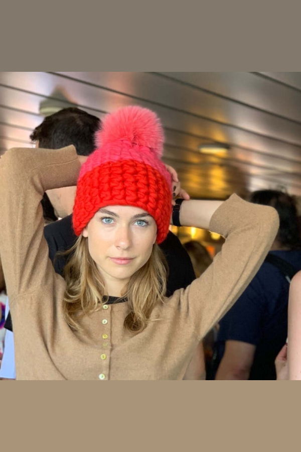 mischa lampert - candy | tomato color block beanie + tomato xl pom