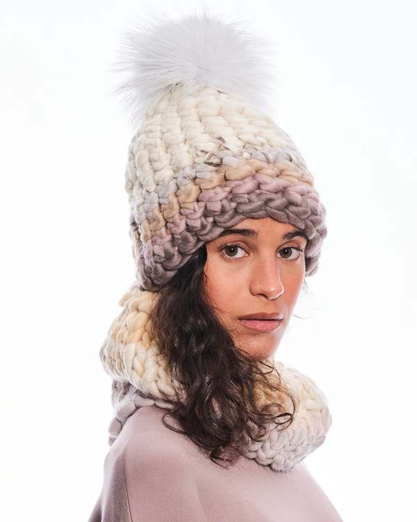 Mischa Lampert - Semi Stripe Beanie + White XL Pom Beanie