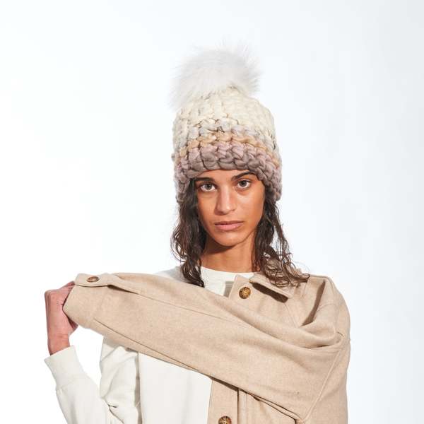 Mischa Lampert - Semi Stripe Beanie + White XL Pom Beanie