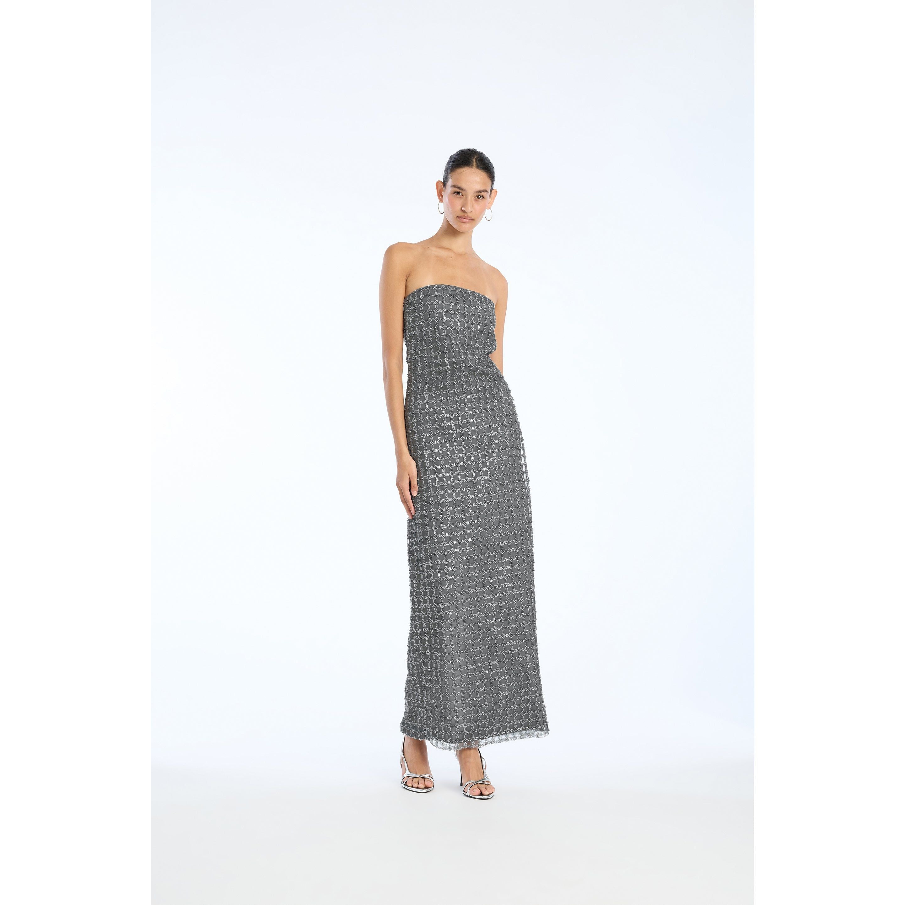 ROTATE Birger Christensen Beaded Maxi Tube Dress - Castor Gray | Garmentory