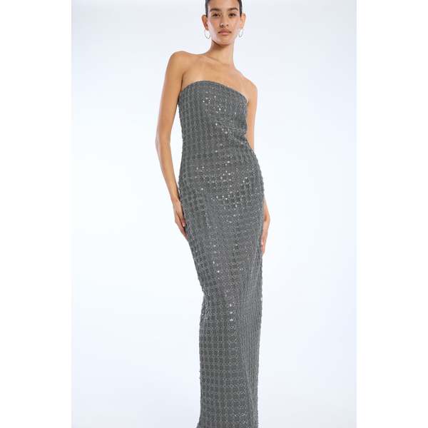 ROTATE Birger Christensen Beaded Maxi Tube Dress - Castor Gray | Garmentory