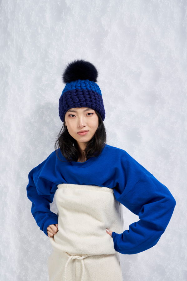 Mischa Lampert - Blue | Cobalt Beanie Color Block + Black XL Pom Beanie
