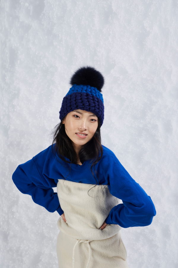 Mischa Lampert - Blue | Cobalt Beanie Color Block + Black XL Pom Beanie