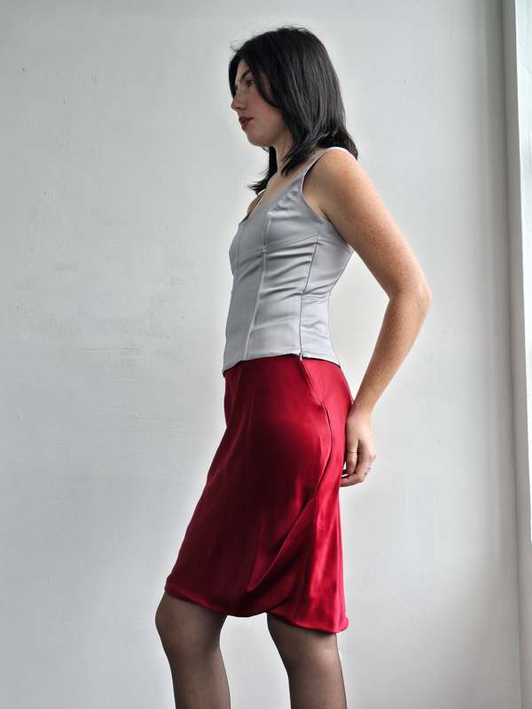 Vintage Giorgio Armani Silk Satin Ruched Skirt - Berry Red