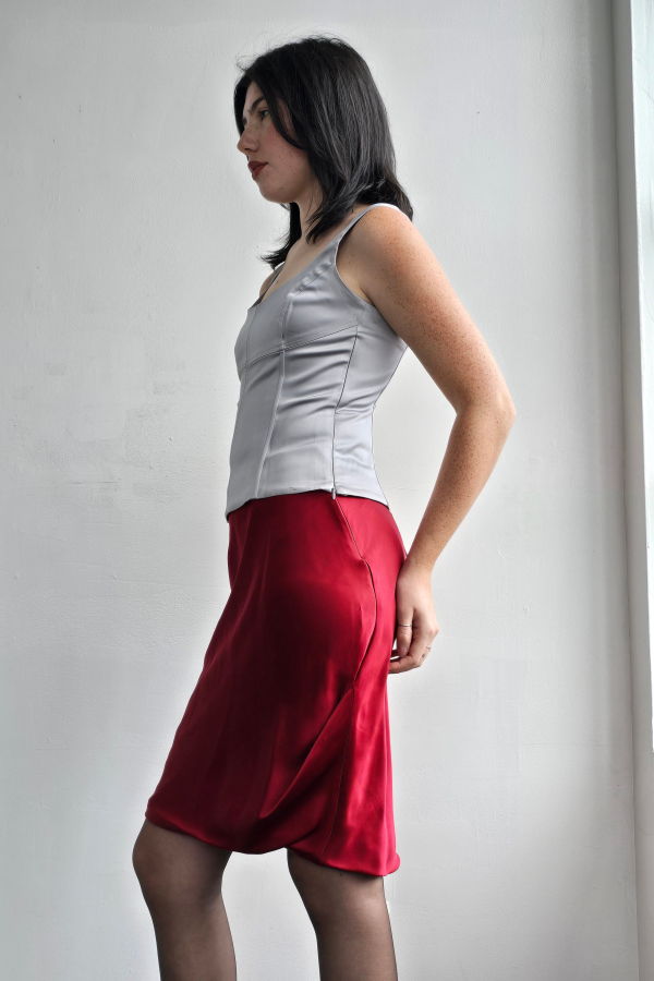 Vintage Giorgio Armani Silk Satin Ruched Skirt - Berry Red