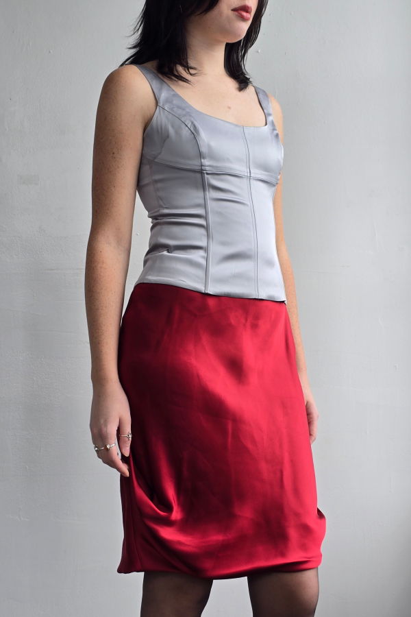 Vintage Giorgio Armani Silk Satin Ruched Skirt - Berry Red
