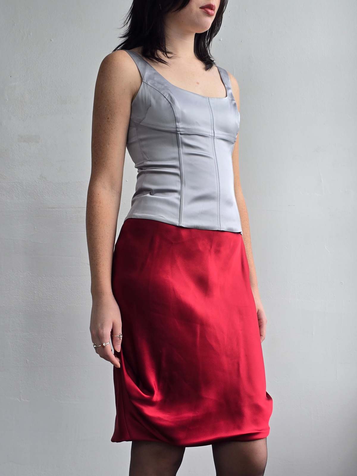 Vintage Giorgio Armani Silk Satin Ruched Skirt - Berry Red - Image 2 of 7