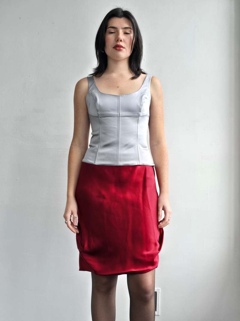 Vintage Giorgio Armani Silk Satin Ruched Skirt - Berry Red