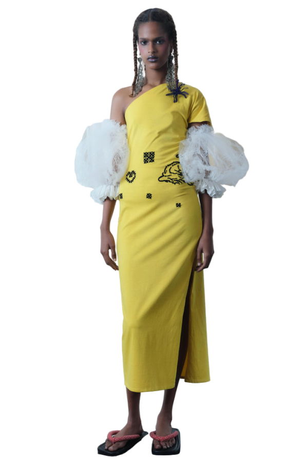 TIGRA TIGRA T-Shirt Dress with Tiger/Rabari Embroidery - Yellow/Black