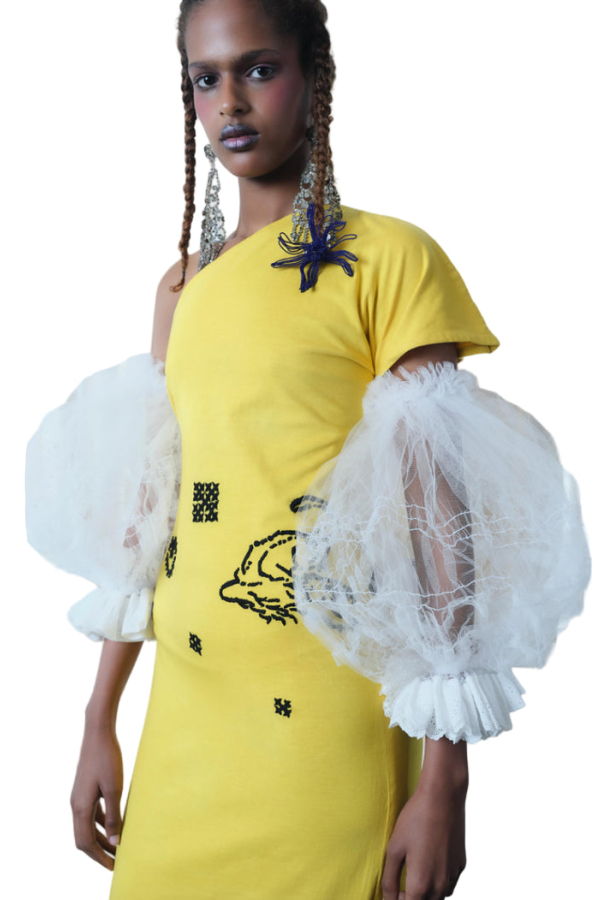 TIGRA TIGRA T-Shirt Dress with Tiger/Rabari Embroidery - Yellow/Black